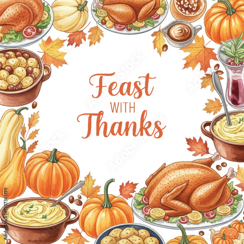 Thanksgiving Feast with Thanks Illustration, Happy Thanksgiving Dinner Invitation Design