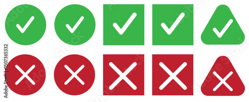 Green check marks and red crosses vector buttons or icons. Sign no and yes mark.