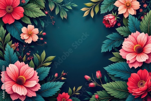 Intricate floral pattern, vibrant colors and lush leaves , fabric, spring