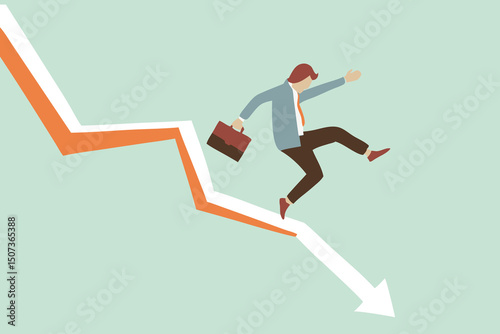Businessman struggling on a downward trend arrow. Challenge, effort concept.