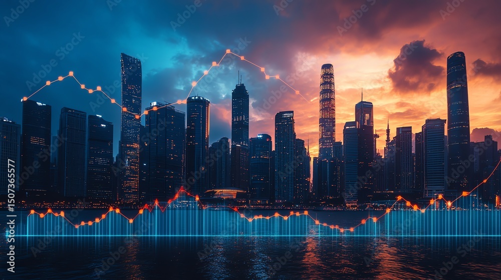 Fototapeta premium Financial Market Trends Over Vibrant City Skyline at Sunset. Stock Market Graph Overlay on Modern Urban Landscape. Investment, Economy, Growth, and Business Concept.