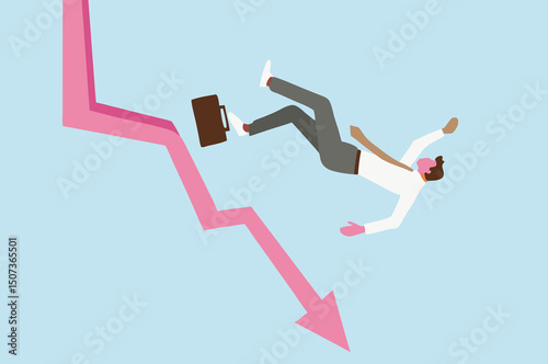Businessman falling with declining arrow graph. Crisis, failure concept.