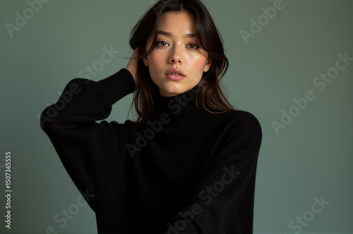 A woman wearing a black turtle neck sweater
