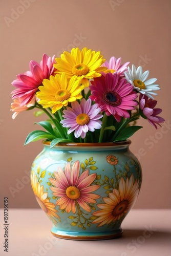 Wallpaper Mural A colorful ceramic pot overflowing with cheerful flowers, symbolizing abundant joy and positive energy Perfect for well-being, mindfulness, and gratitude themes , interior design, delightful Torontodigital.ca