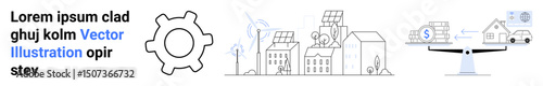 Gear, renewable energy sources, smart cityscape with solar panels, wind turbines, housing, financial balance symbol. Ideal for sustainability, clean energy, eco-living finance environmental