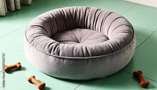 Soft round pet bed made of light gray fabric, set on a mint green tile floor, surrounded by plush bone-shaped chew toys