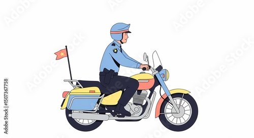 Police Officer Riding Motorcycle with Vietnam Flag Illustration on White
