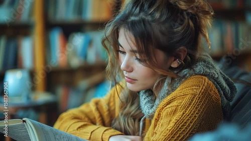 Young woman reading book in library.