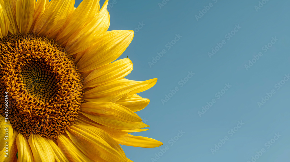 Naklejka premium Close-up of sunflower blossom on clear blue sky background, perfect for summer ads, seasonal greetings, floral decor, and agricultural content