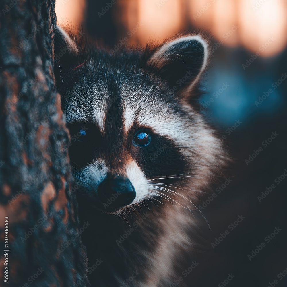 Obraz premium Close-Up of a Raccoon Peeking from Behind a Tree Trunk in Twilight