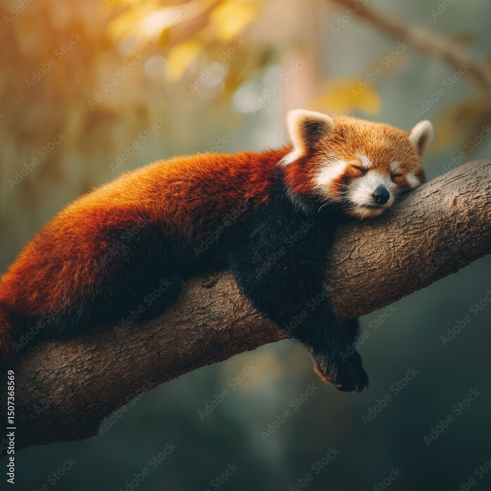 Obraz premium Relaxed Red Panda Cozying Up on a Tree Branch in a Forest Setting