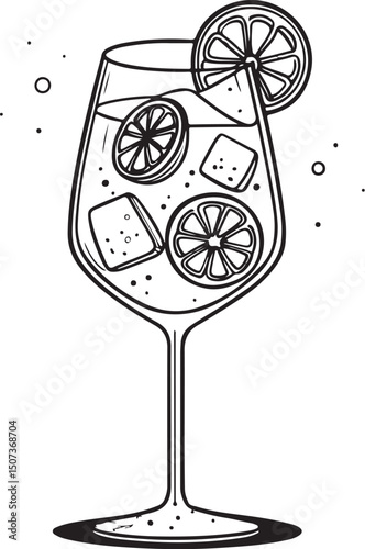 Aperol Spritz Cocktail Vector Illustration, Sketch Drawing Line Linear Symbol Icon Engraving Coloring Book, Hand-drawn Black and White Isolated