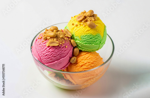 Delicious Ice Cream Sundae With Colorful Scoops and Peanuts