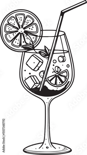 Aperol Spritz Cocktail Vector Illustration, Sketch Drawing Line Linear Symbol Icon Engraving Coloring Book, Hand-drawn Black and White Isolated