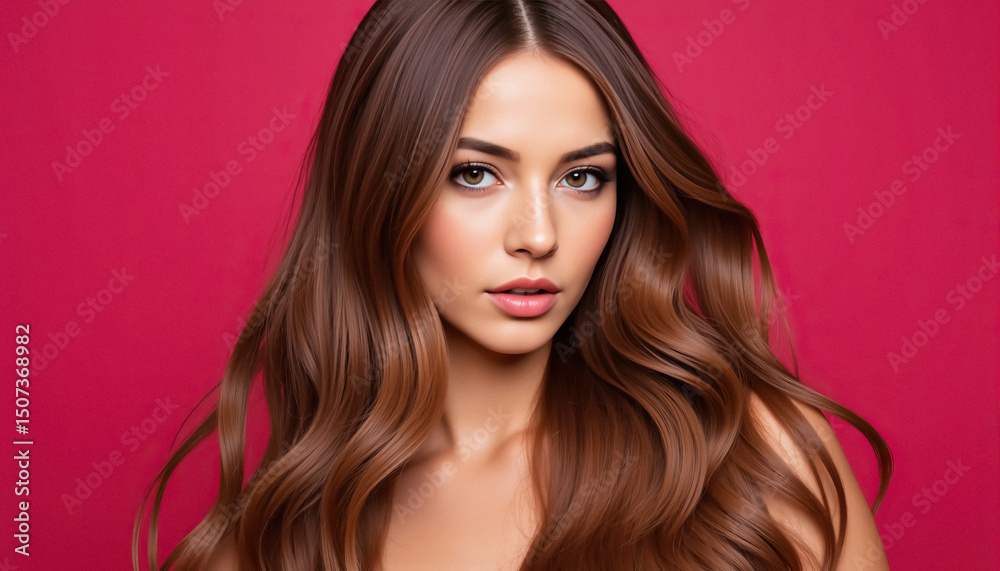Naklejka premium Stunning woman with long wavy auburn hair and fair skin poses against vibrant magenta background