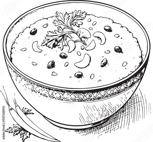 Indian food Khichdi (Rice and Lentil Porridge) Vector Illustration, Sketch Drawing Line Linear Symbol Icon Engraving Coloring Book, Hand-drawn Black and White Isolated