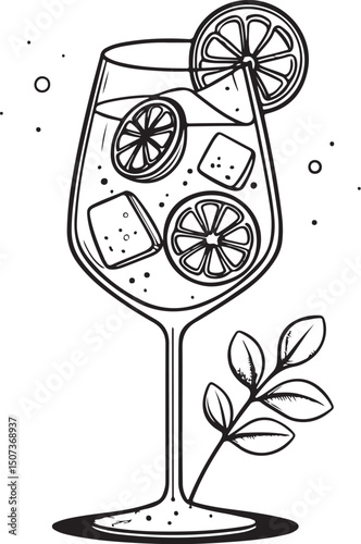 Aperol Spritz Cocktail Vector Illustration, Sketch Drawing Line Linear Symbol Icon Engraving Coloring Book, Hand-drawn Black and White Isolated