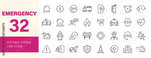 Emergency icon set. Containing SOS, accident, natural disaster, rescue service, evacuation, ambulance, help, warning, exit and more. Editable line icons. Vector illustration.