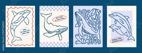 Ocean animals vector posters set. Minimalist retro sea print designs with outline dolphins and whales illustrations
