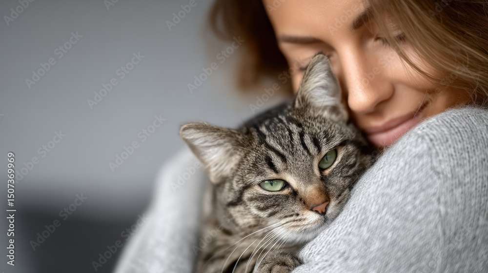 Woman is hugging a cat. The cat is looking at the camera with a green eye. The woman is smiling and she is happy Woman is hugging a cat. The cat is looking at the camera with a green eye. The woman is smiling and she is happy