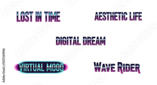 Retro Futuristic Text Effects: Lost in Time, Aesthetic Life, Digital Dream, Virtual Mood, Wave Rider
