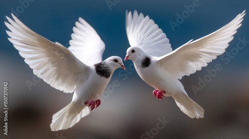 Two white birds with red feet flying together. Concept of peace and harmony photo