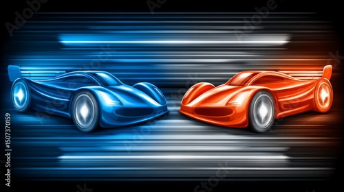 Two futuristic race cars, one blue and one orange, speeding side by side on a dynamic track