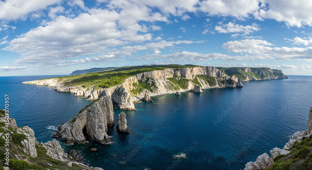 Fototapeta premium Rocky cliff coast panorama with beautiful blue sea and white clouds in 4k resolution 
