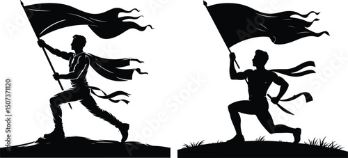 Man Lifting National Flag Silhouette Set – Patriotic Vector Bundle National Flag Holding Man Silhouettes – Independence & Pride Collection