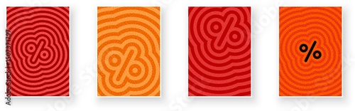 Vector illustration of percentage signs in abstract concentric wave designs using bold red and orange color palettes.