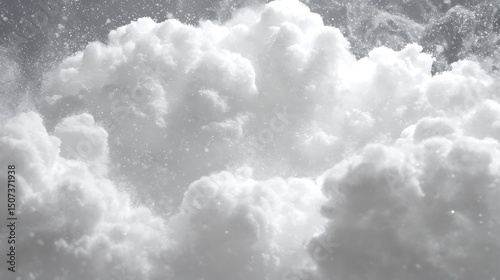 Close-up of crystalline ice, with snow dust particles visible in the air and settled on the surface, creating a sparkling, cold effect.