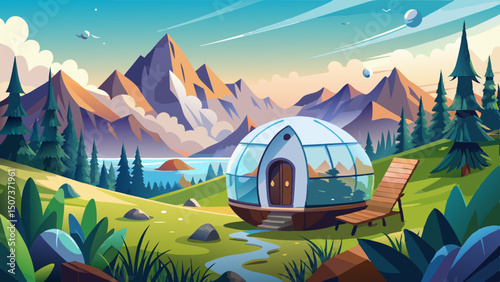 An eco-friendly pod sits peacefully in nature, framed by a breathtaking mountain skyline under a clear sky, offering a sustainable escape that harmonizes with its serene surroundings.