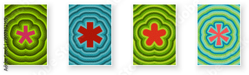 Bright asterisk icons with radial ripple effects in green, blue, and red tones. Vector illustration.