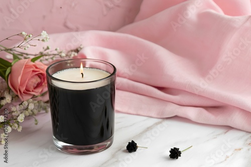 Luxurious black candle burning in glass, surrounded by soft pink roses and delicate white flowers, creating an elegant, cozy, and tranquil aesthetic for romantic and relaxation themes