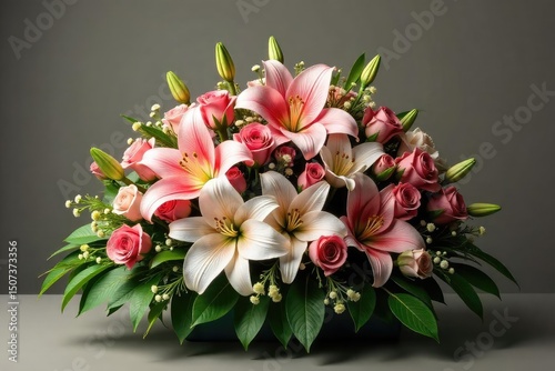 A breathtaking arrangement of lilies, roses, and other funeral flowers, displayed in a classic casket spray design Perfect for sympathy, remembrance, and loss , memorial, casket spray
