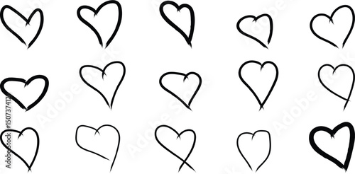 Hand-drawn doodle heart icons in various brush