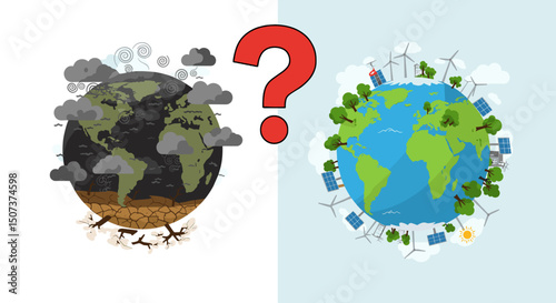 Comparison of polluted Earth versus eco-friendly Earth with renewable energy concepts