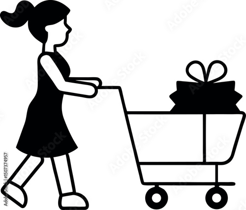 Woman Pushing Shopping Cart with Gift