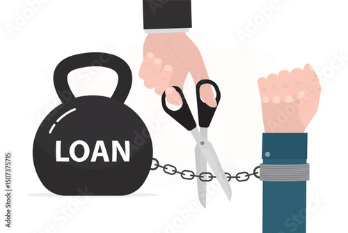 Businessman uses scissors to free debtor from debt burden. Hand chained to giant weight. Need to pay off debts, loans. Solution to solve financial problem. Crisis, bankruptcy