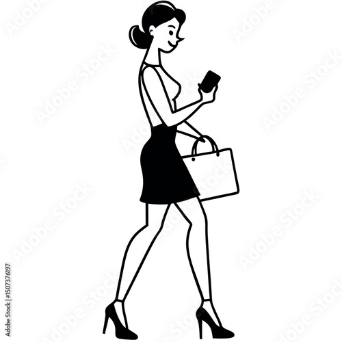 Stylish Woman Walking, Shopping, and Using Smartphone