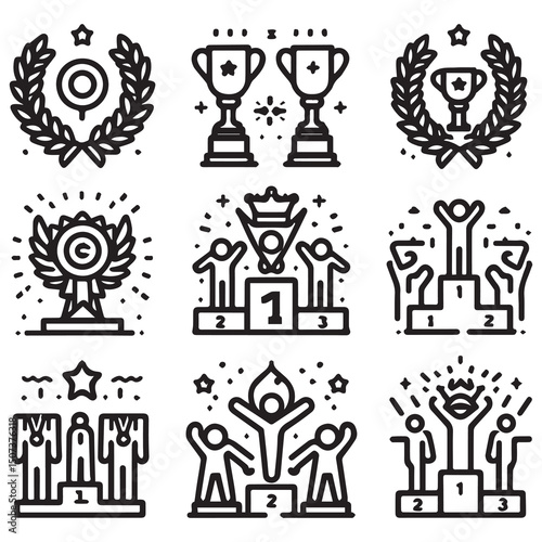 Victory, achievement line icon set. Vector pictograms of trophy, first place medal, celebration, laurel wreath, crown, and winner podium thin linear illustration