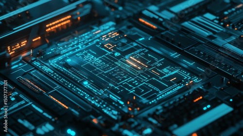 Futuristic Tech Circuit Board: Abstract Cyberpunk Digital Interface Design. Glowing Neon Blue and Orange Hues. High-Tech Background for Sci-Fi, Technology, and Gaming Projects
