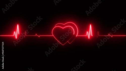 Elegant emergency neon heart silhouette , heart beat with love icon animation conveys romantic love and passion. 4k animated isolted on black background.