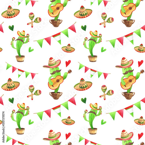 Watercolor seamless pattern with cute cartoon cacti with guitar and maracas. Hand painted green plants in sombrero for children's illustration and design. photo
