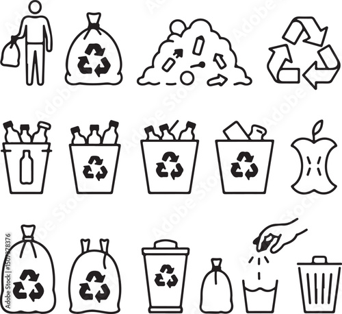 Collection of line art icons illustrating recycling and waste management processes for environmental conservation and sustainability