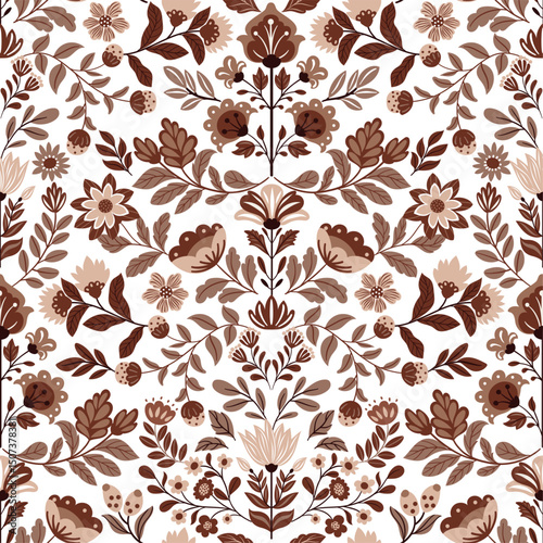 Seamless folk art pattern with traditional Scandinavian floral motifs. Colorful vector design with flowers on a white background. Ideal for fabric, wallpaper, wrapping paper, and home decor.
