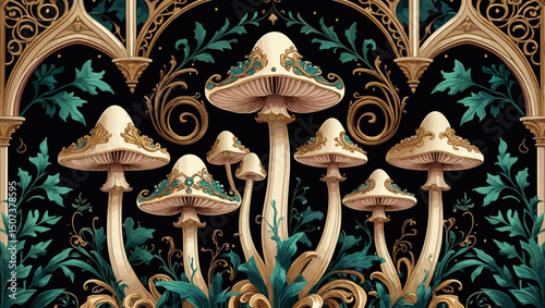 Ornate illustration of decorative mushrooms with intricate patterns and elegant foliage in a fantasy style