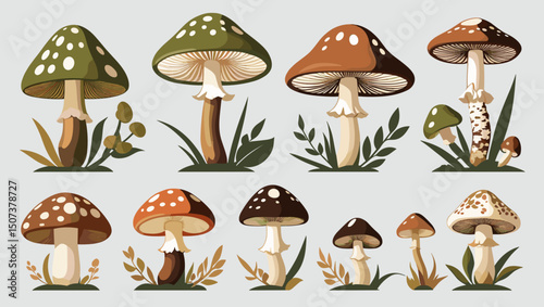 Stylized illustration of various mushrooms with colorful designs and botanical elements