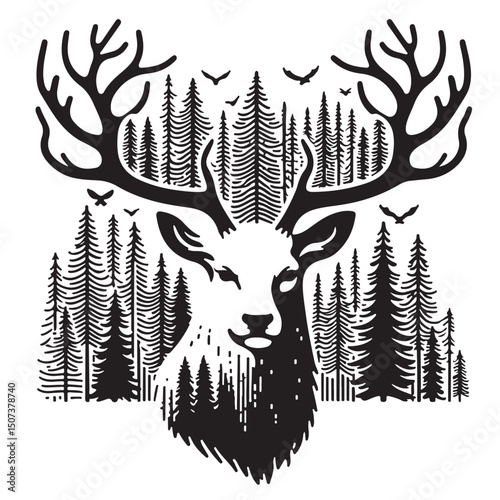  Deer head in the the forest vector illustration