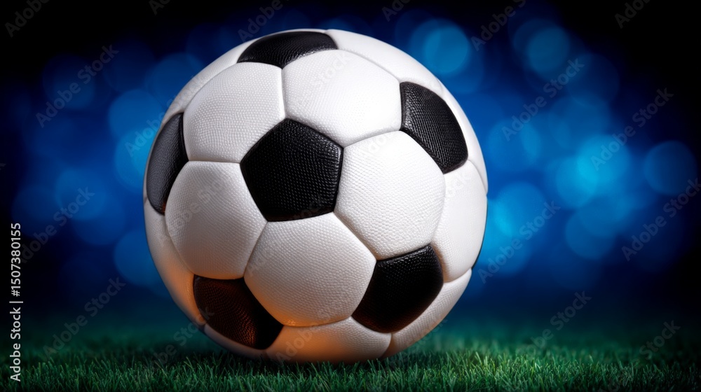 Naklejka premium Classic black and white soccer ball on a grassy field with a blurred blue background